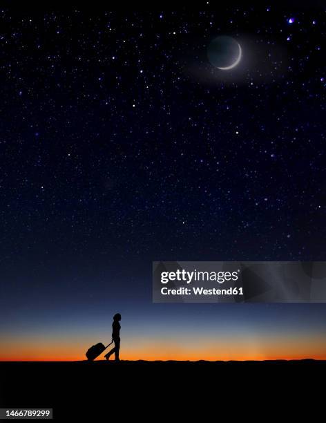 illustration of woman travelling alone under starry night sky - luggage stock illustrations