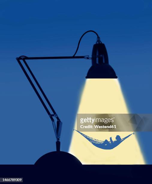 illustration of woman relaxing in hammock under light of giant desk lamp - angle poise lamp stock illustrations