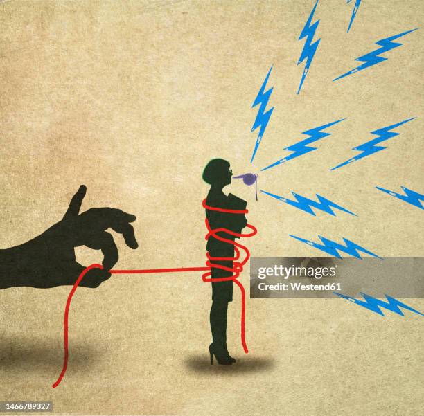 illustration of hand holding rope restricting female whistleblower - whistle blower stock illustrations