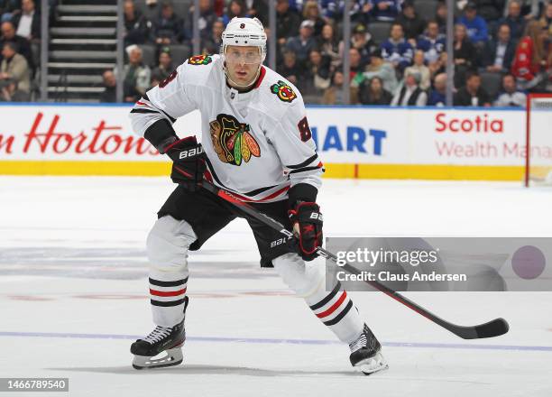 Jack Johnson of the Chicago Blackhawks skates against the Toronto Maple Leafs during an NHL game at Scotiabank Arena on February 15, 2023 in Toronto,...