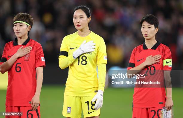 Lim Seonjoo, Kim Jungmi and Kim Hyeri of Korea Republic line up during the National Anthems prior to the Arnold Clark Cup match between England and...