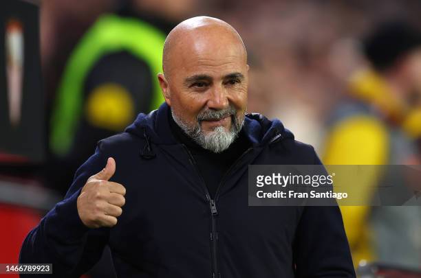 Jorge Sampaoli, Head Coach of Sevilla FC, looks on prior to the UEFA Europa League knockout round play-off leg one match between Sevilla FC and PSV...