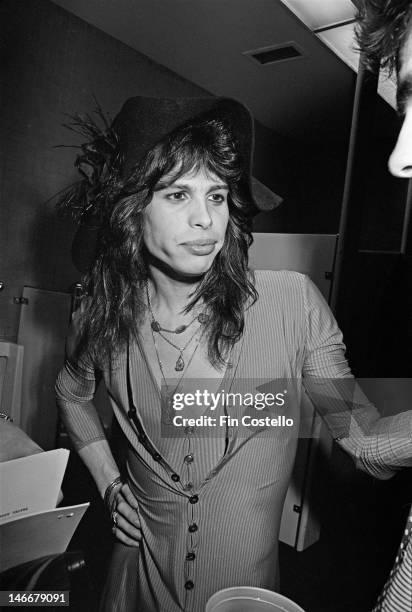 Steven Tyler from Aerosmith posed backstage during their US tour in May 1976.