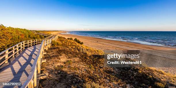 france, nouvelle-aquitaine, le bois-plage-en-re, panoramic view of empty beachside boardwalk - charente maritime stock pictures, royalty-free photos & images