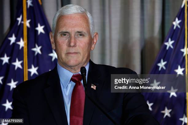 Former Vice President Mike Pence gives remarks at the Calvin Coolidge Foundation’s conference at the Library of Congress on February 16, 2023 in...