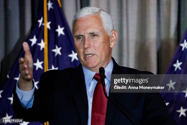 Former Vice President Mike Pence gives remarks at the Calvin Coolidge Foundation’s conference at the Library of Congress on February 16, 2023 in...