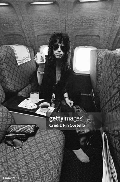 8th MAY: lead singer Steven Tyler from American rock band Aerosmith posed on a flight in an aeroplane before their concert at the Pontiac Silverdome...