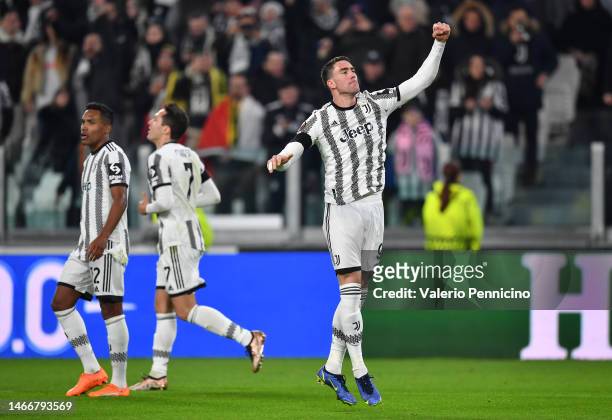 Dusan Vlahovic of Juventus celebrates after scoring the team's first goal during the UEFA Europa League knockout round play-off leg one match between...