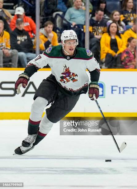Nick Bjugstad of the Arizona Coyotes skates against the Nashville Predators during an NHL game at Bridgestone Arena on February 13, 2023 in...
