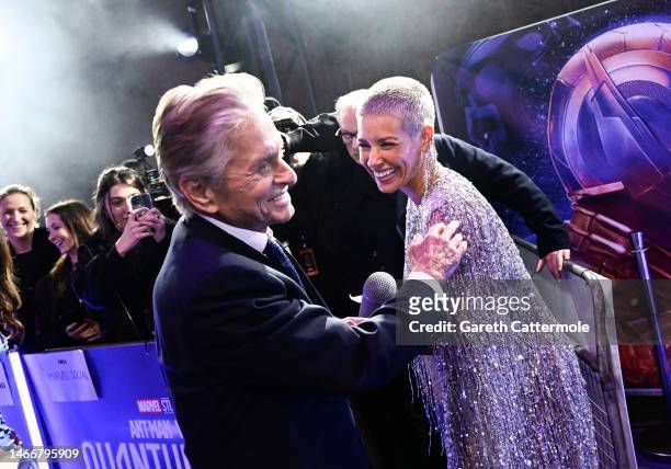 Michael Douglas and Evangeline Lilly attend the UK Gala Screening of Marvel's Ant-Man and the Wasp: Quantumania, at BFI IMAX Waterloo on February 16,...