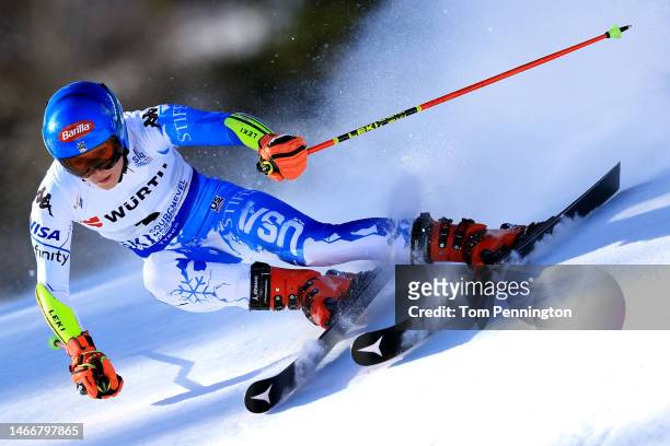Mikaela Shiffrin of United States competes during the first run in Women's Giant Slalom at the FIS Alpine World Ski Championships on February 16,...