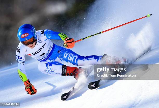 Mikaela Shiffrin of United States competes during the first run in Women's Giant Slalom at the FIS Alpine World Ski Championships on February 16,...