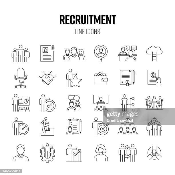 icon set der rekrutierungslinie. personalwesen, lebenslauf, jobsuche, stellenangebote. - bewerbungsformular stock-grafiken, -clipart, -cartoons und -symbole