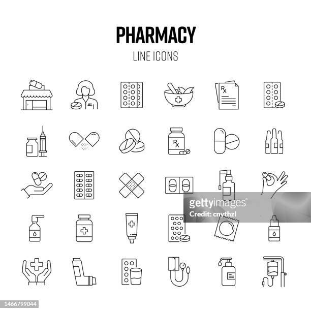 stockillustraties, clipart, cartoons en iconen met pharmacy line icon set. medicine, pharmacist, prescription, drug. - kruidengeneeskunde