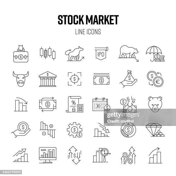 stock market line icon set. trade, bull market, bear market, investment, growth. - nasdaq 幅插畫檔、美工圖案、卡通及圖標