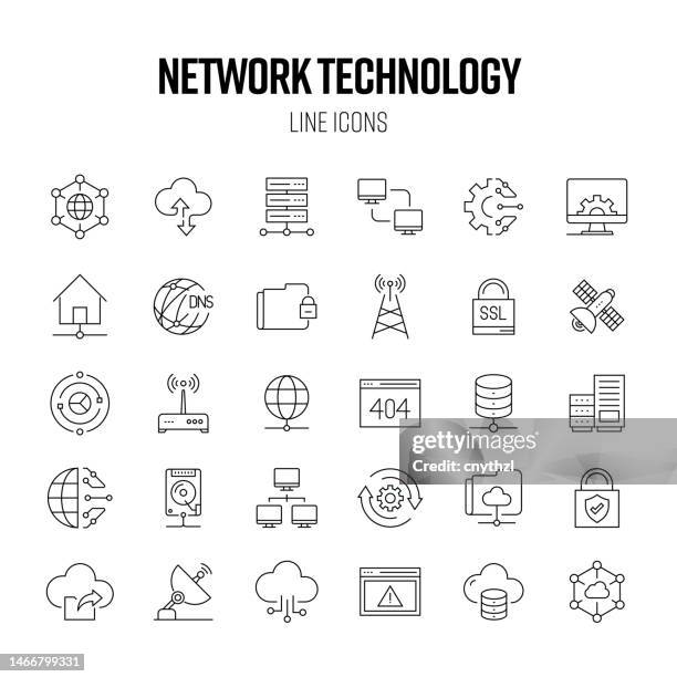 ilustraciones, imágenes clip art, dibujos animados e iconos de stock de conjunto de iconos de línea de tecnología de red. computadora, base de datos, servidor, intercambio de archivos, computación en la nube. - icono tecnología