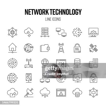 Network Technology Line Icon Set. Computer, Database, Server, File Sharing, Cloud Computing. Network Technology Line Icon Set. Computer, Database, Server, File Sharing, Cloud Computing.
