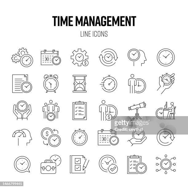 time management line icon set. schedule, deadline, urgency, clock, calendar. - time efficiency stock illustrations