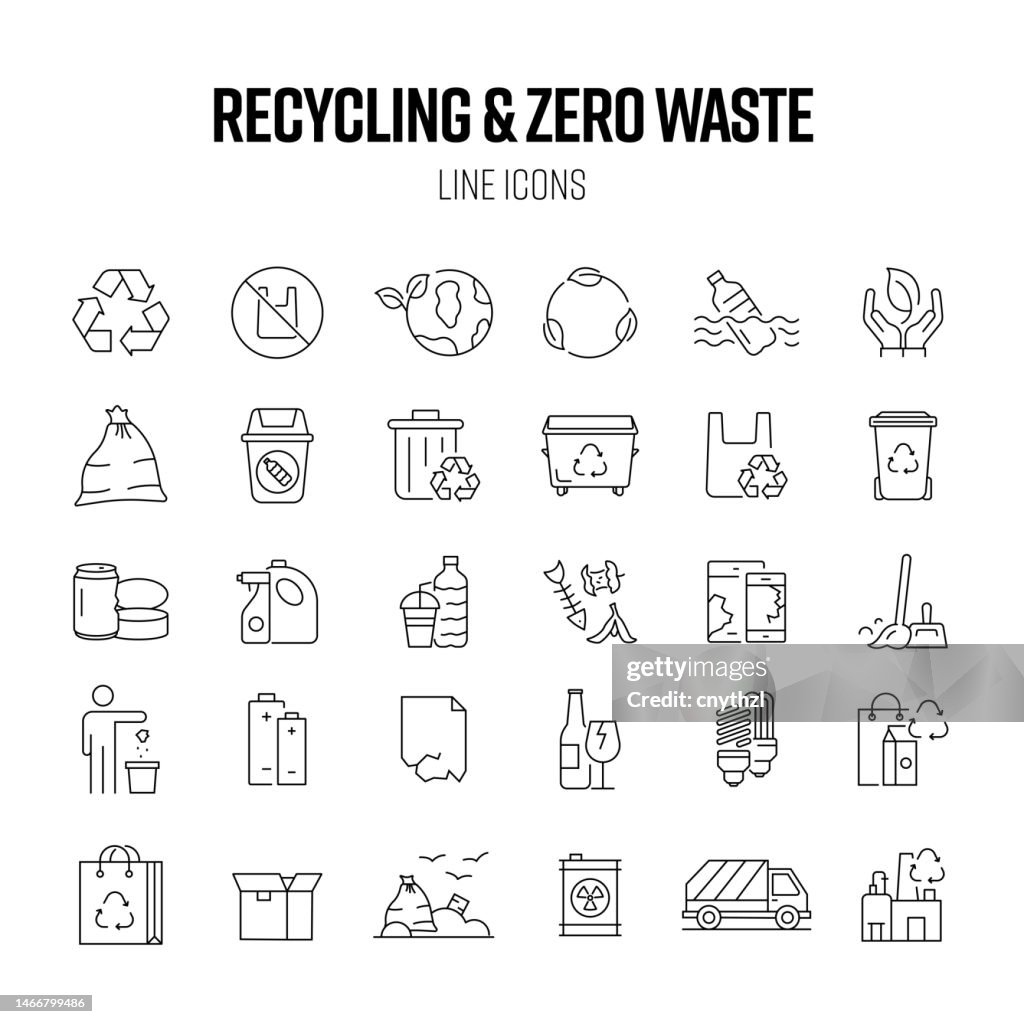 Conjunto de iconos de línea de reciclaje y cero residuos. Contaminación, ecología, calentamiento global, estilo de vida sostenible.