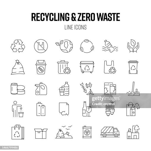 ilustraciones, imágenes clip art, dibujos animados e iconos de stock de conjunto de iconos de línea de reciclaje y cero residuos. contaminación, ecología, calentamiento global, estilo de vida sostenible. - reciclaje