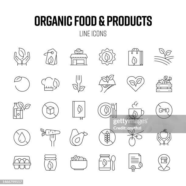 icon set für bio-lebensmittel und -produkte. gesundes essen, gvo-frei, frisch lokal, zertifiziert. - duftend stock-grafiken, -clipart, -cartoons und -symbole