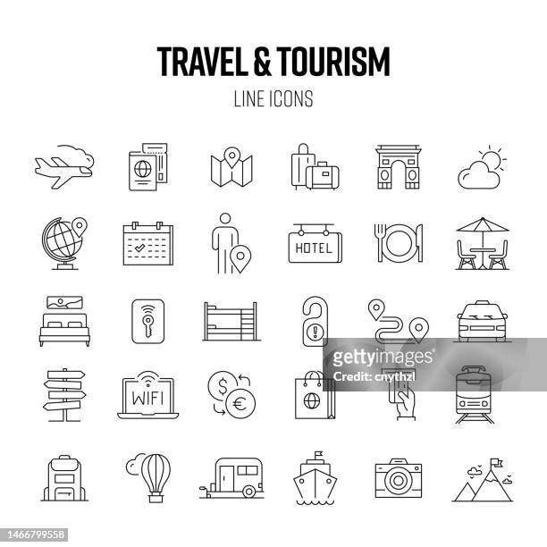 travel and tourism line icon set. journey, tourist, destination, hotel, restaurant. - site visit stock illustrations