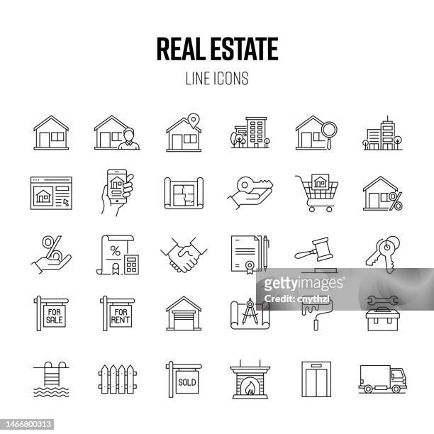 real estate line icon set. house, office, for sale, mortgage, interest rate, auction. - stock trader stock illustrations