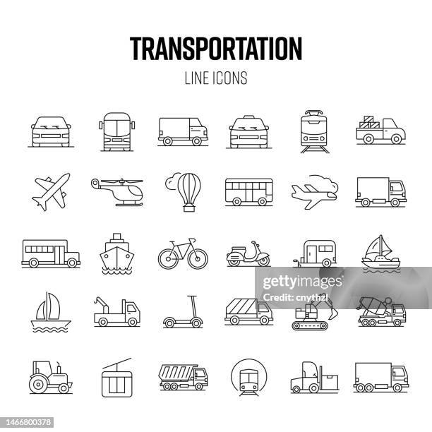 icon-set für transportlinien. auto, zug, u-bahn, bus, wohnwagen. - dump truck stock-grafiken, -clipart, -cartoons und -symbole