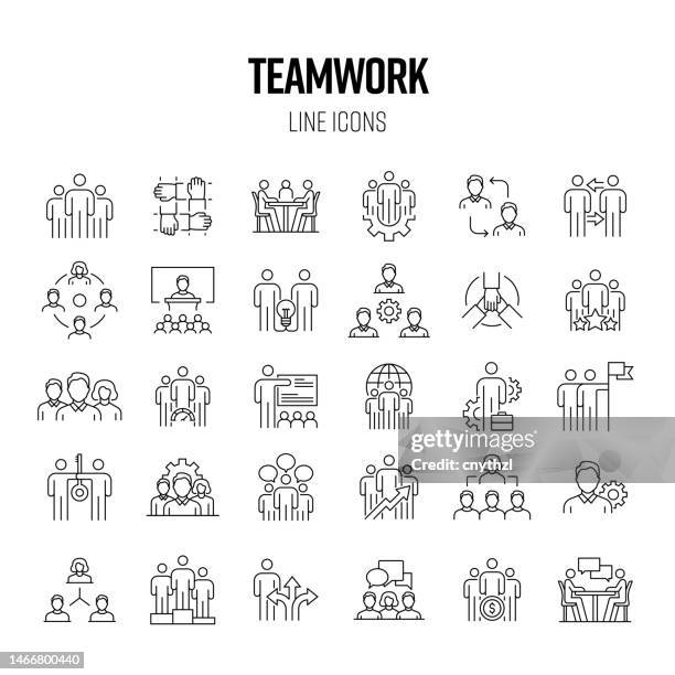 teamwork line icon set. business, collaboration, brainstorming, colleague. - employee bonding stock illustrations