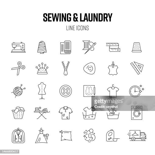 sewing and laundry line icon set. craft, needle, laundromat, hygiene. - sewing icons stock illustrations