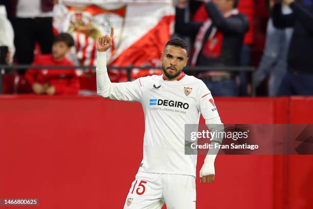 Yousseff En-Nesyri of Sevilla FC celebrates after scoring the team's first goal during the UEFA Europa League knockout round play-off leg one match...