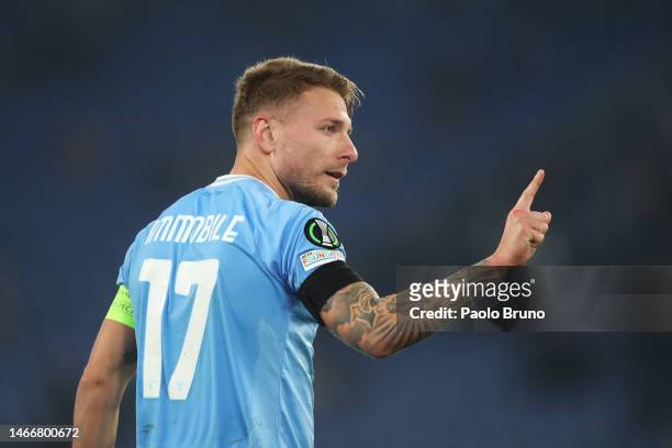 Ciro Immobile of SS Lazio celebrates after scoring the team's first goal during the UEFA Europa Conference League knockout round play-off leg one...