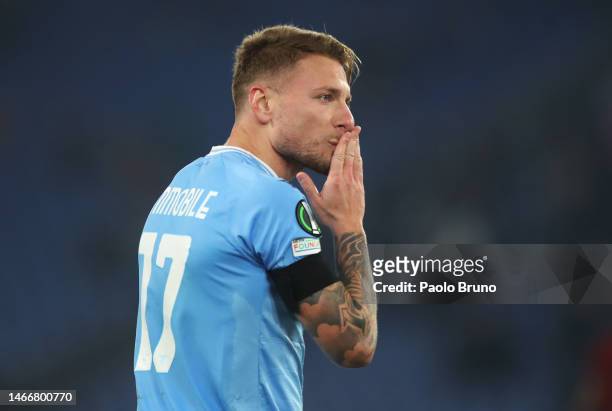 Ciro Immobile of SS Lazio celebrates after scoring the team's first goal during the UEFA Europa Conference League knockout round play-off leg one...