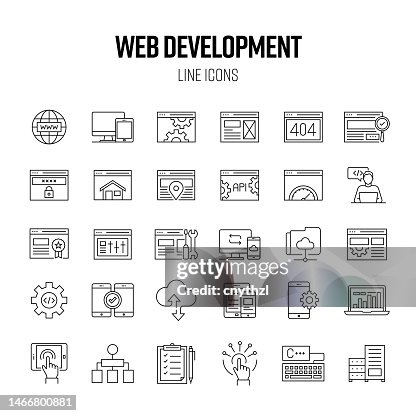 Web Development Line Icon Set. Developer, Coding, Landpage, SEO, Network Server. Web Development Line Icon Set. Developer, Coding, Landpage, SEO, Network Server.