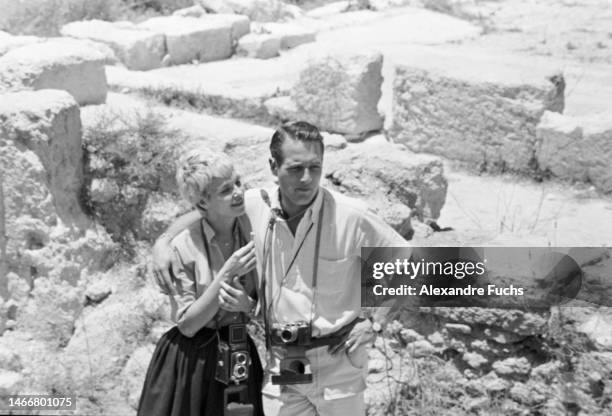 Actor Paul Newman and wife, actress Joanne Woodward, as turists visiting Masada, Israel, in 1959.