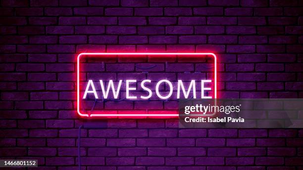 awesome sign in neon lights - wow icon stock pictures, royalty-free photos & images