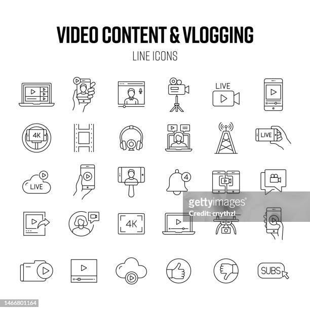 video content and vlogging line icon set. youtuber, influencer, broadcasting, live stream. - streaming service stock illustrations