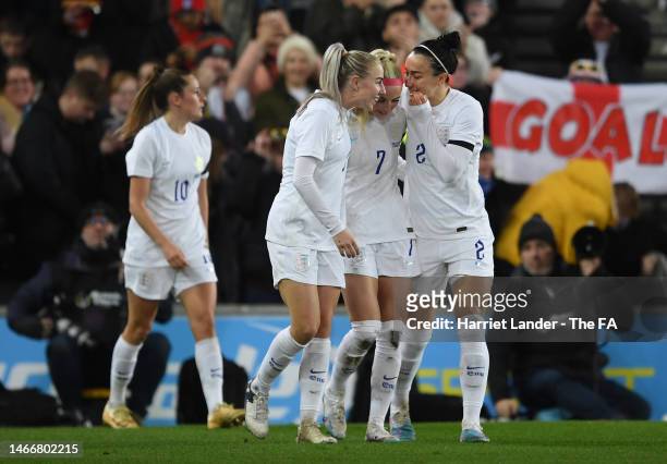 Chloe Kelly of England celebrates with teammates after scoring the team's second goal during the Arnold Clark Cup match between England and Korea...