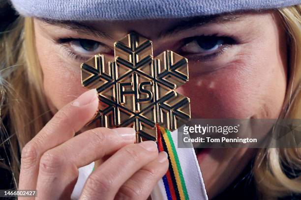 Gold medalist Mikaela Shiffrin of United States poses for a photo during the medal ceremony for Women's Giant Slalom at the FIS Alpine World Ski...