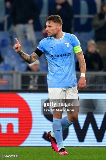 Ciro Immobile of SS Lazio celebrates an opening goal during the UEFA Europa Conference League knockout round play-off leg one match between SS Lazio...