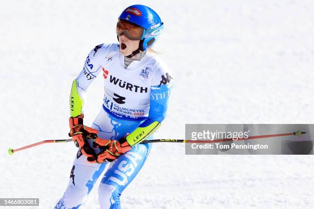 Mikaela Shiffrin of United States celebrates winning the Women's Giant Slalom at the FIS Alpine World Ski Championships on February 16, 2023 in...