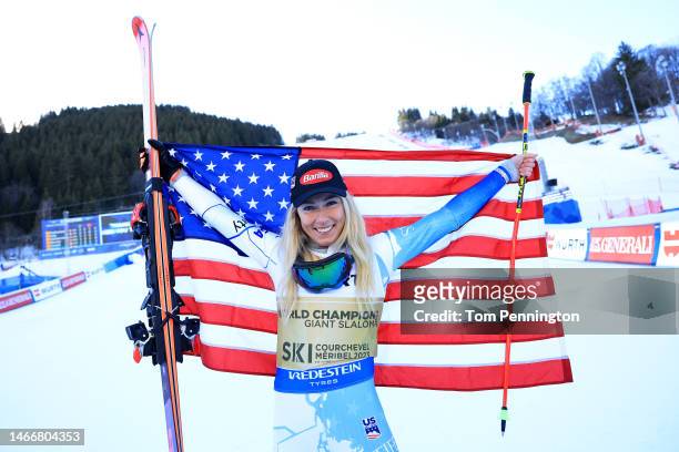 Gold medalist Mikaela Shiffrin of United States celebrates during the victory ceremony for Women's Giant Slalom at the FIS Alpine World Ski...