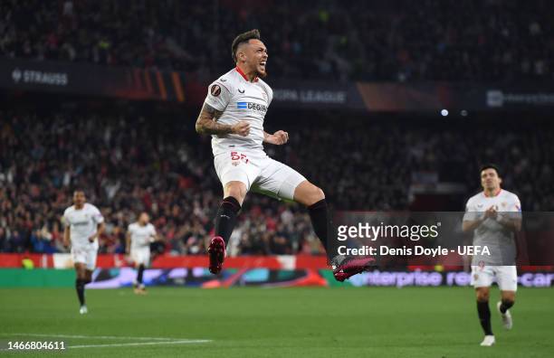 Lucas Ocampos of Sevilla FC celebrates after scoring the team's second goal during the UEFA Europa League knockout round play-off leg one match...