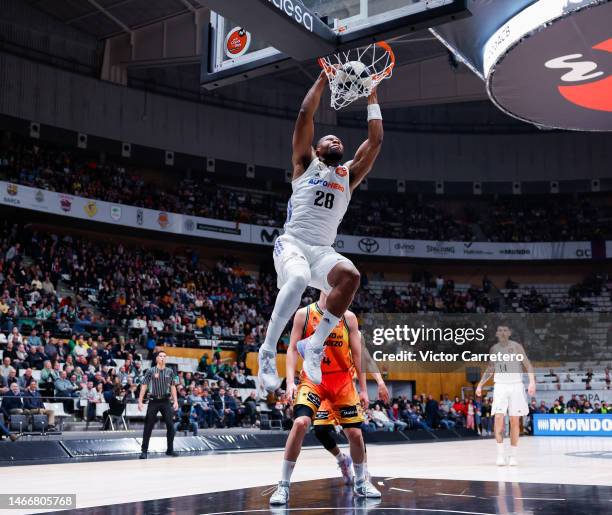 Guerschon Yabusele player of Real Madrid dunks the ball on February 16, 2023 in Badalona, Spain.