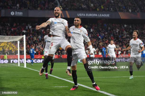 Nemanja Gudelj of Sevilla FC celebrates after scoring the team's third goal during the UEFA Europa League knockout round play-off leg one match...