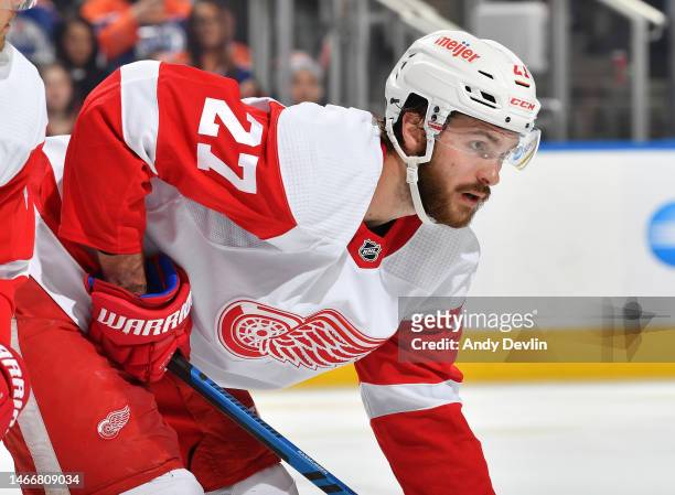 Michael Rasmussen of the Detroit Red Wings awaits a face-off during the game against the Edmonton Oilers on February 15, 2023 at Rogers Place in...