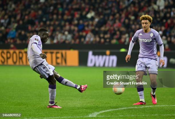 Krepin Diatta of AS Monaco scores the team's second goal during the UEFA Europa League knockout round play-off leg one match between Bayer 04...