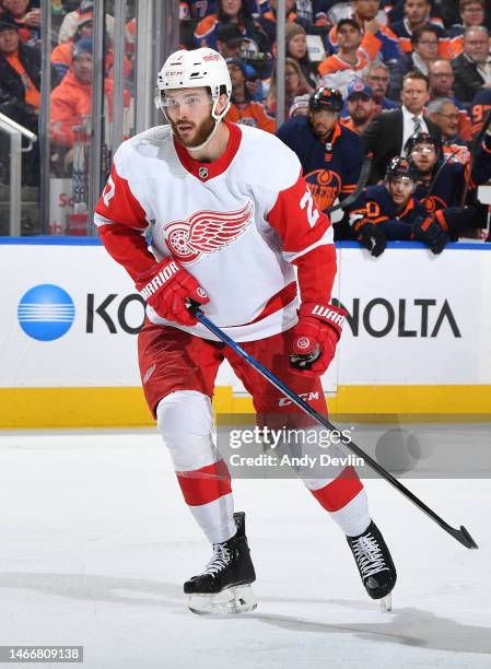 Michael Rasmussen of the Detroit Red Wings skates during the game against the Edmonton Oilers on February 15, 2023 at Rogers Place in Edmonton,...