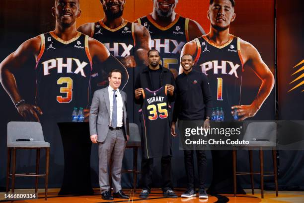 Owner Mat Ishbia, Kevin Durant and general manager James Jones of the Phoenix Suns pose for a photo at a press conference at Footprint Center on...