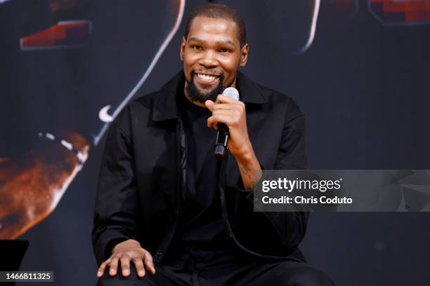 Kevin Durant of the Phoenix Suns smiles during a press conference at Footprint Center on February 16, 2023 in Phoenix, Arizona. NOTE TO USER: User...